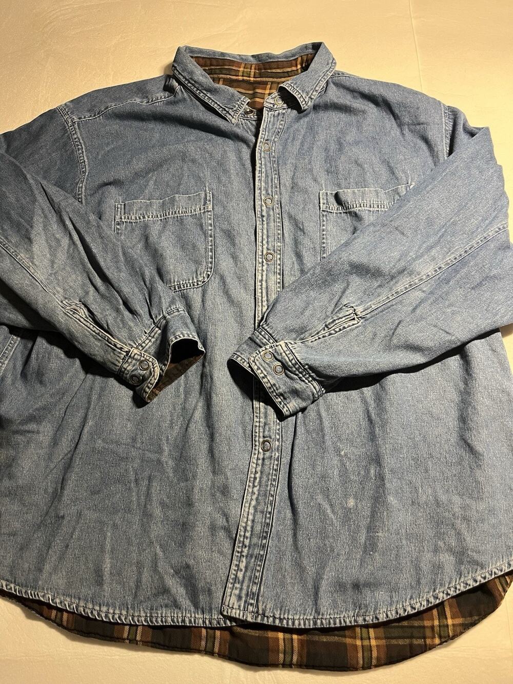 Faded Glory Denim Shirt Jacket Mens 3XL Blue Plaid Flannel Lined Snap Workwear